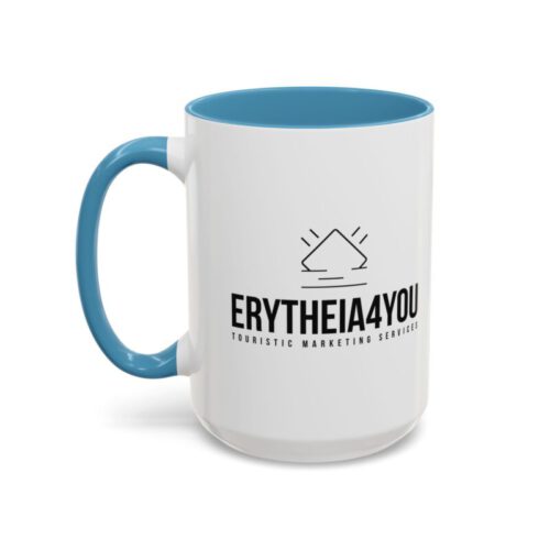 Taza blanca con interior y asa celeste con logo de Erytheia4You