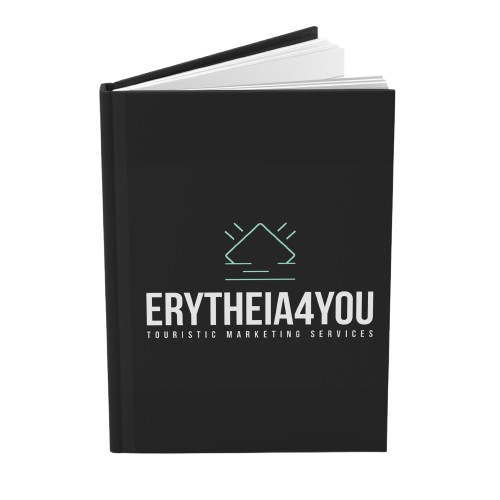 cuaderno negro con logotipo en blanco de la agencia Erytheia4You